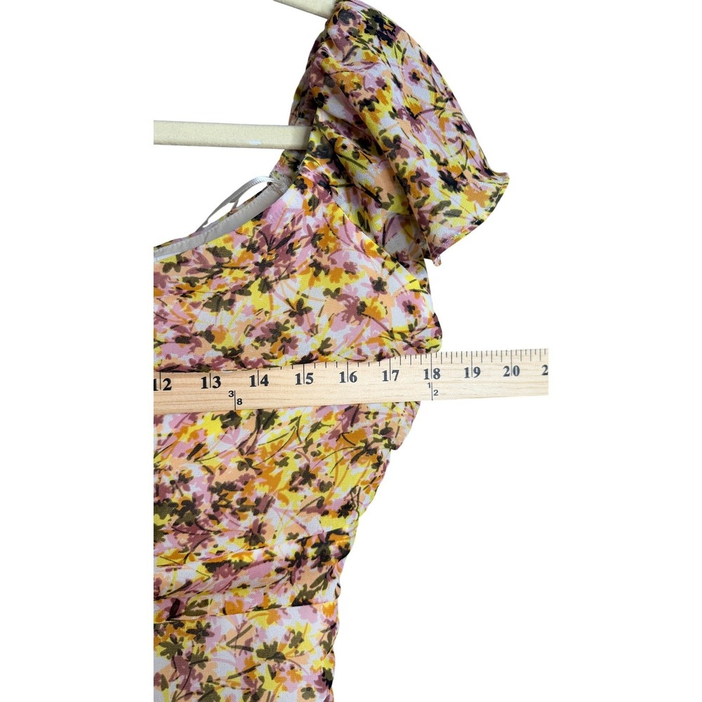 ASTR The Label Floral Ruched Mini Dress Yellow Pink Ruffle Sleeve Size M - Picture 4 of 7